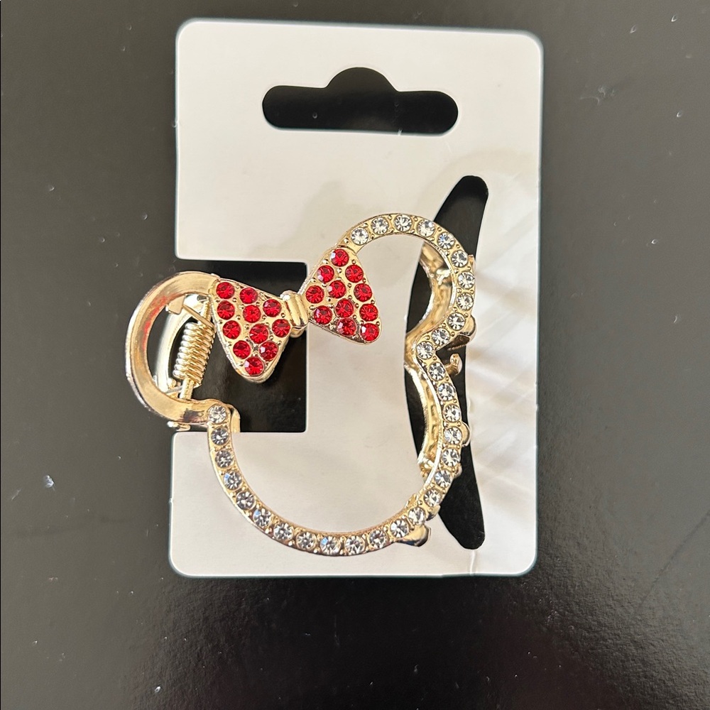 Minnie Mouse Gold Hair Clip with Clear Crystal Outline and Red Bow Detail New - Picture 4 of 10